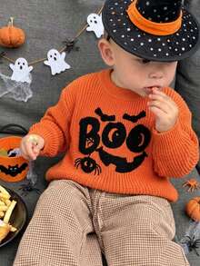 Boys Cute Solid Color Ghost Embroidery Knit Pullover Sweater, Suitable For Halloween, Daily Wear, Vacation, Spring, Autumn, Winter - Orange - View 2