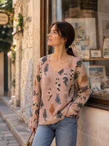 Elegant Versatile V-Neck Long Sleeve Women Sweater With Cat Graphic Digital Printing Vacation - Khaki - View 1