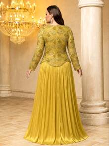 UNITHORSE[Random Cut]Sweetheart Neckline Long Sleeve Sequin Patchwork Faux Silk Evening Dress - Yellow - View 2
