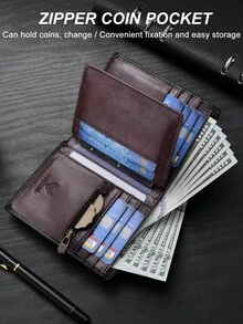VINCESS Men's Wallet, Cowhide Leather, RFID Blocking, Men's Vintage Fashion, Large Capacity Multi-Card Slot, Zipper Coin Pocket, Travel Essential - Coffee Brown - View 7
