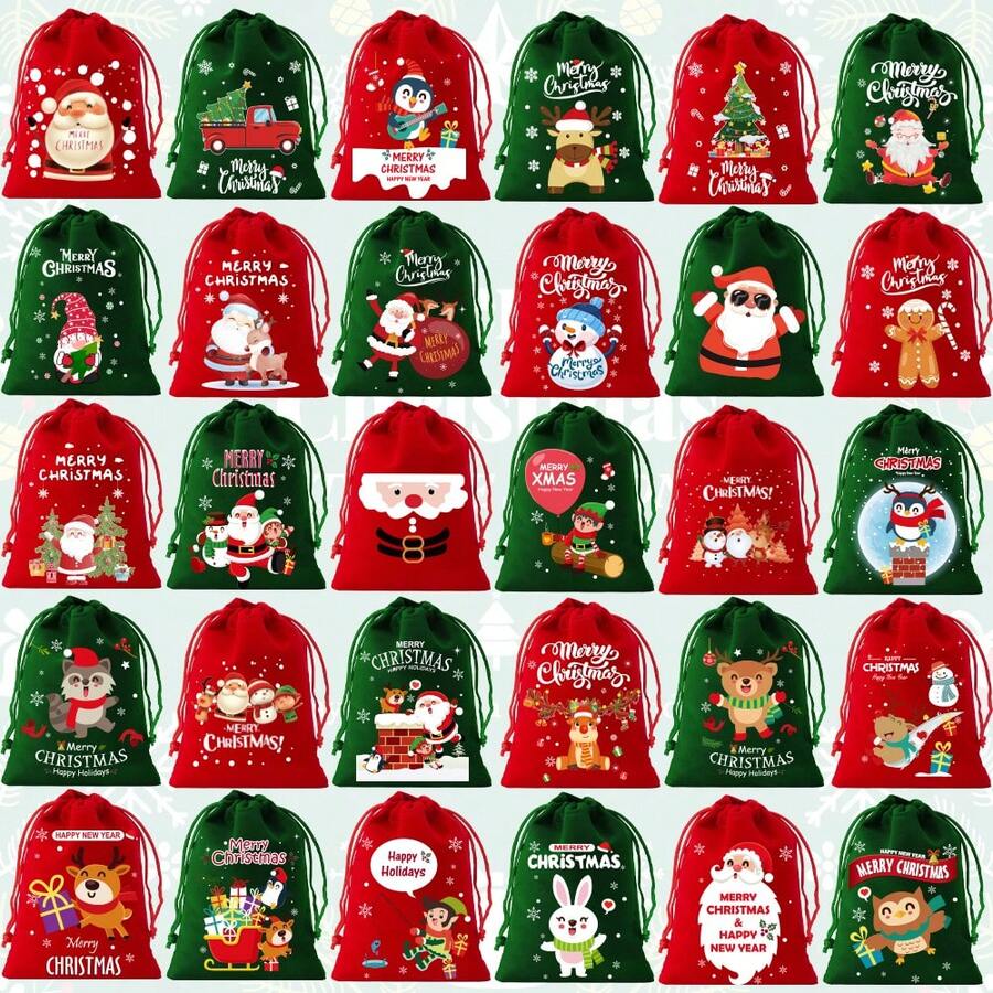 CARRIECUR 30 Buah Kantong Hadiah Natal dengan Tali Serut, Kantong Permen Beludru Merah Hijau dengan Motif Kartun Santa, Rusa Kutub, Manusia Salju, dan Manusia Kue Jahe, Kantong Suvenir Natal untuk Pesta. - View 1