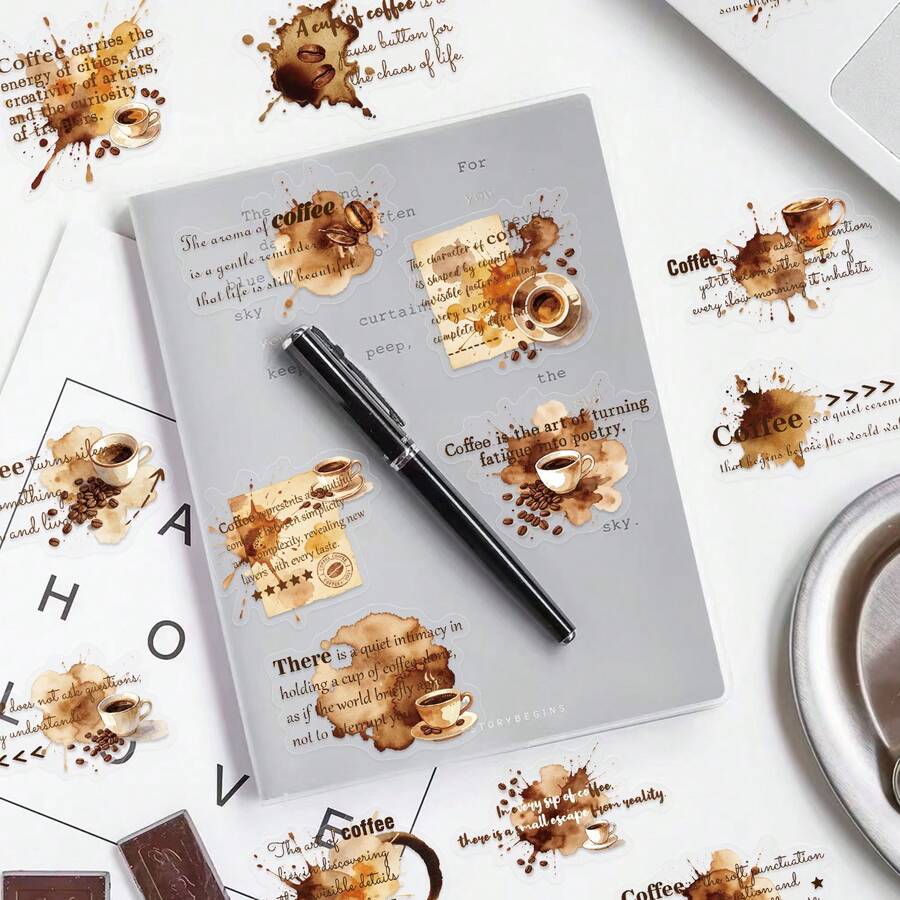 50Pcs Retro Coffee Phrase PET Stickers Creative Decoration Phone Case Stationery Box Water Cup Guitar - Black - View 1