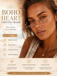 outingfit 1pc Bohemian Gold Rhinestone Heart Decor Glasses Frame For Women, Sparkling Geometric Face Accessory, Suitable For Music Festivals, Beach Parties, Vacation Outfits - W - View 2