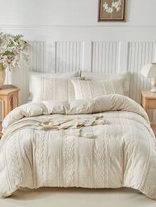 2/3pcs Tufted Polyester Duvet Cover Set, Vintage Bohemian Style Bedding Set, Suitable For All Seasons, Simple Rustic Duvet Cover, Soft & Breathable, Durable, Machine Washable (1 Duvet Cover + 1/2 Pillowcase, Excluding Filler) - Khaki - View 2