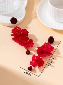 1 Pair Vintage Luxury Red Summer Bohemian Style Pleated Rose Pendant Earrings For Women - Red - View 6