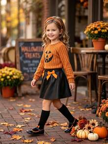 Young Girls Halloween Funny 2pcs Set, Ribbed Knit Orange Ghost Face Embroidered Long Sleeve Sweater With Bow PU Leather Mini Skirt, Fashionable Autumn/Winter - Orange - View 6