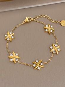 1Pc 18K Gold Plated Stainless Steel X Shape Zirconia Cross Chain Bracelet For Women,Daily Party/Christmas/Birthday Gift/Y2K/Rave/Halloween/Wedding - Multicolor - View 9