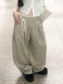 Women's Loose Casual Lace Patchwork Wide Leg Pants With Pockets (Includes Drawstring) - Khaki Green - View 3