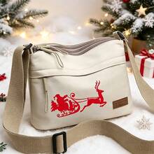 Women's Campus Christmas Pattern Shoulder Bag, Suitable For Shopping, Travel, Back To School, Printed With Reindeer Pulling Sleigh Design, Christmas Pattern Elements, Large Capacity Shoulder Bag, Multiple Colors Available, Fashion Shoulder Bag. - Shoulder Bag - View 7