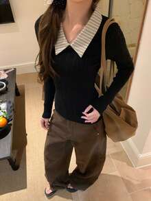 Sweet Style Patchwork Striped Polo Collar Cable Knit Sweater, Slim Fit Flattering Inner Layer Base Top For Women, Autumn/Winter - Black - View 4