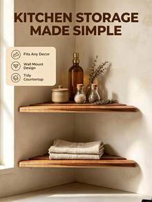 2Pcs Wooden Floating Corner Wall Shelves Rustic Wood Kitchen Storage Organizer Wall Mounted Display Rack For Pantry Bathroom Dining Room Space‑Saving Home Decor - View 1
