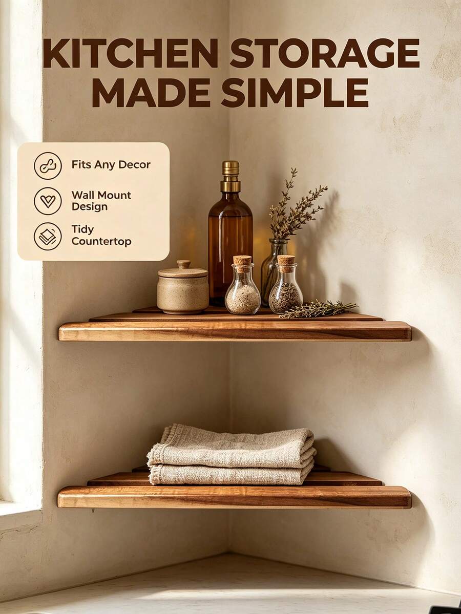 2Pcs Wooden Floating Corner Wall Shelves Rustic Wood Kitchen Storage Organizer Wall Mounted Display Rack For Pantry Bathroom Dining Room Space‑Saving Home Decor - View 1