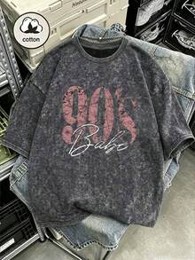 90s Retro Print Plus Size Women's T-Shirt - Casual Short Sleeve Crew Neck Washed Top Summer - Black and Gray - View 5