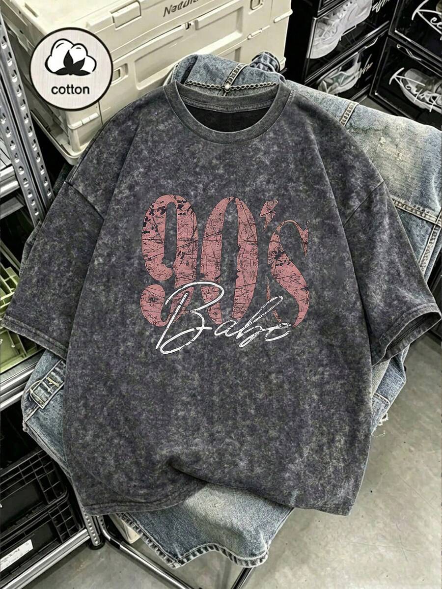 Camiseta de mujer de talla grande con estampado vintage de los 90, top casual de manga corta con gráfico de letras grandes retro, lavado, apto para todas las estaciones, lavable a máquina, ajuste holgado - Negro y gris - Ver 1