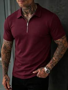 Kaos Lengan Pendek Pria Kasual Warna Polos dengan Resleting, Musim Panas - Redwood - View 4