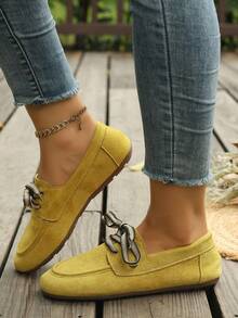 New Lace-Up Soft Sole Casual Spring/Autumn Suede Flat Shoes - Yellow - View 4