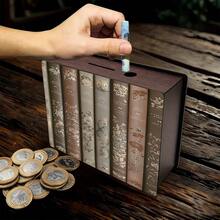 1pc Wooden Money Box, 2D Printed Book Image Design, Family Cash Digital Savings Plan Coin Bank, Cool Holiday Gift For Teens, Non-Electric Coin Storage Essential, Great Gift Idea, Rectangular Storage Money Box, Suitable For Christmas - Light Grey - View 4