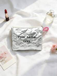 Personalized Custom Name Quilted Makeup Bag, Heart And Bow Embossed Cosmetic Pouch, Zipper Travel Storage Bag, Sanitary Napkin Bag, Custom Gift For Women - Multicolor - View 9