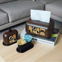 Cute Cat Pattern Faux Wood Grain Toothpick Holder, Dust-Proof Desktop Cotton Swab & Dental Floss Storage Box, Home Dining Table Kitchen Decor Ornament - View 2