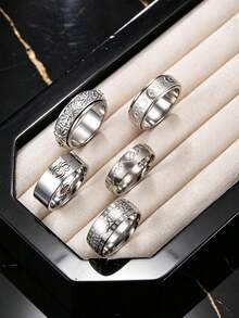 5pcs Fashion Stainless Steel Men's Silver Ring Set With Coin, Spider, Star, Moon Rotating Elements, Suitable For Men's Daily Wear And Halloween Accessories - Silver - View 5