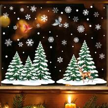 1 Set Christmas Snowflake, Christmas Tree, Bird Pattern Decorative Stickers, Christmas Static Window Stickers, Holiday Party Home Decor Stickers, Christmas Party DIY Decorative Window Stickers, Atmosphere Creating Supplies, Photo Props, Suitable For Christmas Home Decor, Holiday Party Window Decoration, Store Window Decorative Stickers - Multicolor - View 3