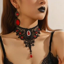 復古紅色水鑽黑色蕾絲頸鍊項鍊 哥德宮廷風水滴吊墜 萬聖節派對鎖骨項鍊 - 黑色 - 查看 3