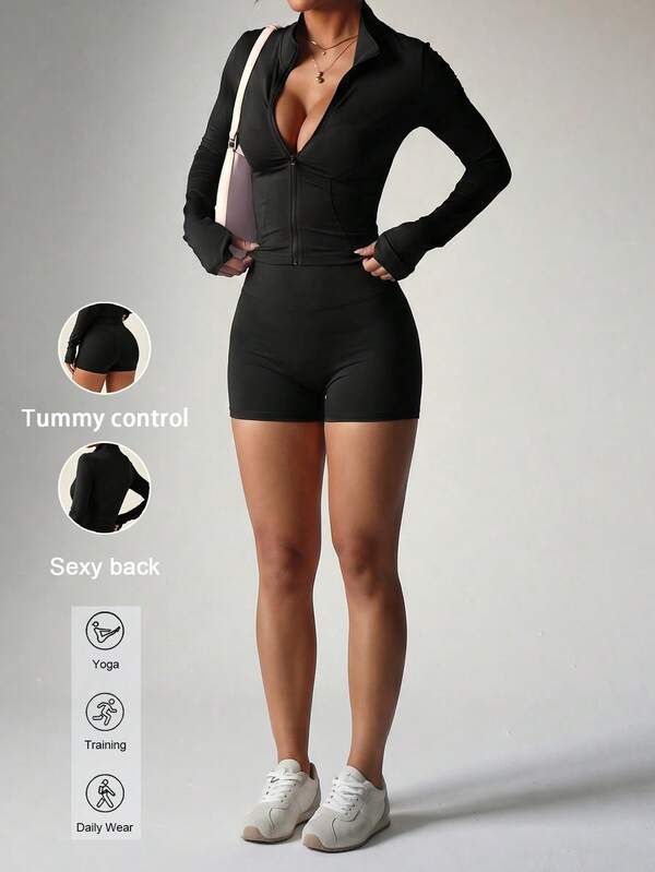 Conjunto deportivo casual de 2 piezas para mujer Aoqta Sports de otoño, top corto de manga larga con cuello alto con cremallera y shorts de cintura alta con efecto levantador de glúteos