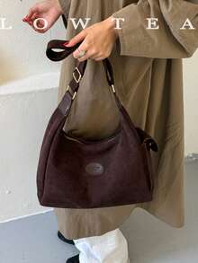 low tea 1pc Minimalist Crescent-Shaped Suede Fabric Shoulder Bag, Adjustable Strap, Suitable For Commuting, Shopping, Etc. - Coffee - View 9