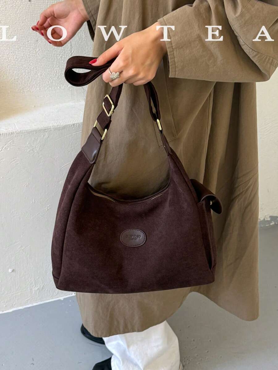 low tea 1pc Minimalist Crescent-Shaped Suede Fabric Shoulder Bag, Adjustable Strap, Suitable For Commuting, Shopping, Etc.