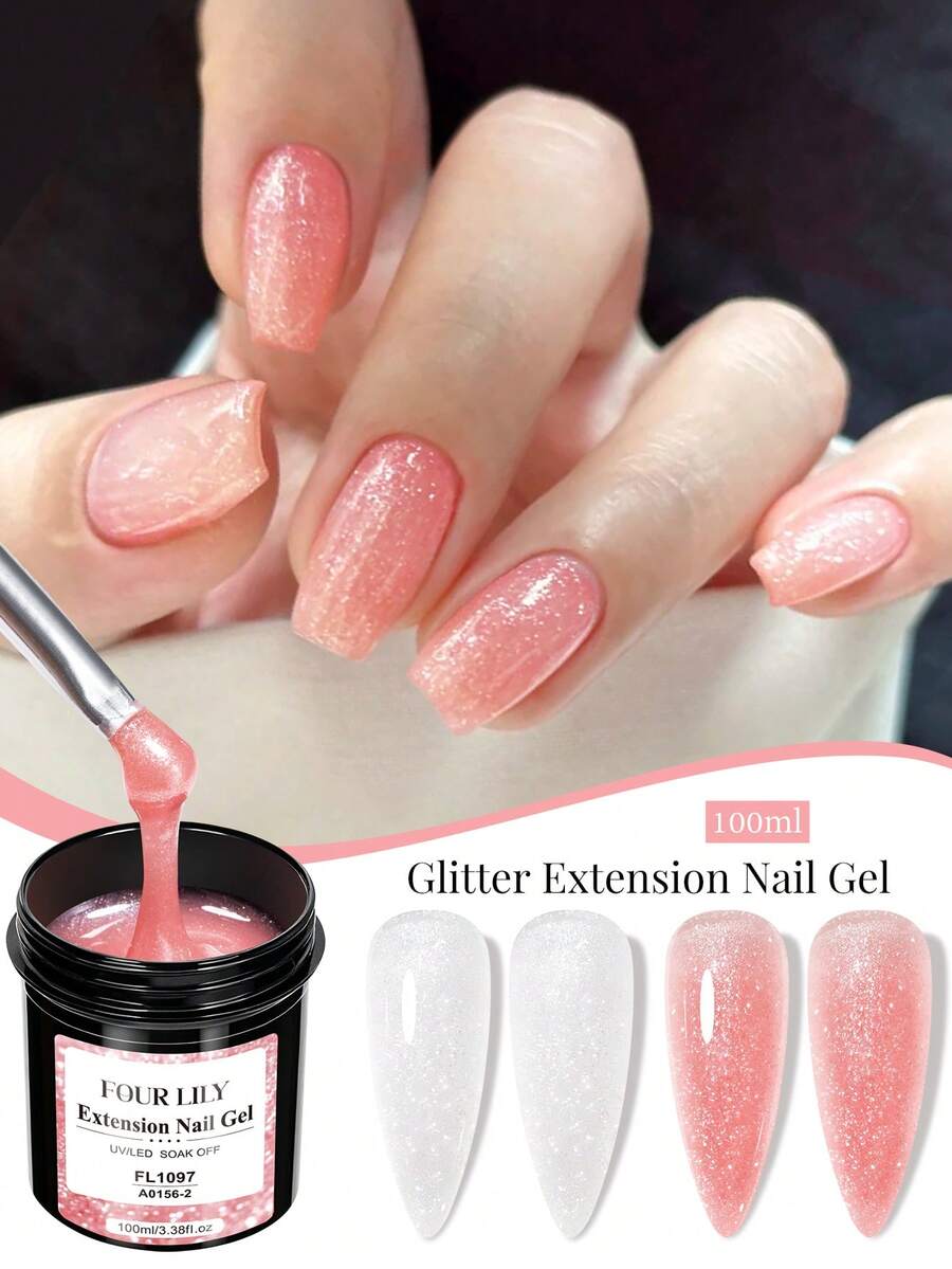 FOUR LILY 100ml Glitter Extension Gel - Gel Ekstensi Kuku UV/LED yang Dapat Dilepas dengan Kilauan, Ekstensi Cepat untuk Manikur DIY & Salon - MultiWarna - View 1