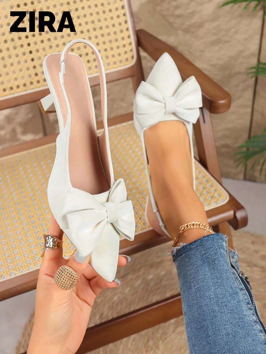 Zira French Style Bow Pointed Toe Closed Toe Sandals Women Summer Outdoor Thin Heel High Heels - White - View 1