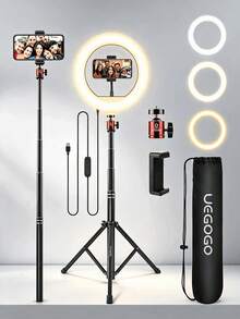 UEGOGO 10-Inch Ring Light (With Adjustable Tripod And Ball Head) - Portable LED Lighting Kit, Equipped With Phone Holder; Suitable For Makeup, Selfie, Video Call, Live Streaming, Photography And Social Media Content Creation. Perfect As A Holiday Gift. - Black - View 1