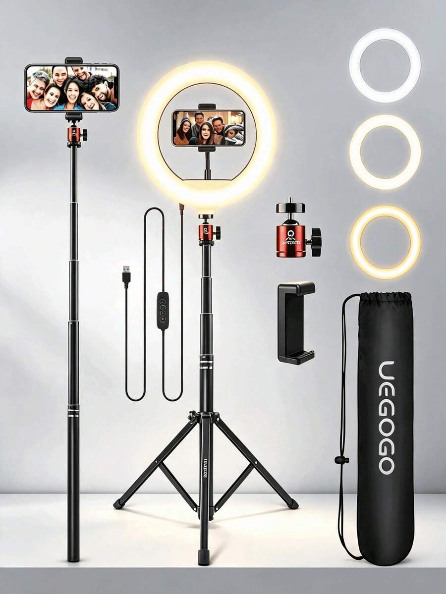 UEGOGO 10-Inch Ring Light (With Adjustable Tripod And Ball Head) - Portable LED Lighting Kit, Equipped With Phone Holder; Suitable For Makeup, Selfie, Video Call, Live Streaming, Photography And Social Media Content Creation. Perfect As A Holiday Gift. - Black - View 1