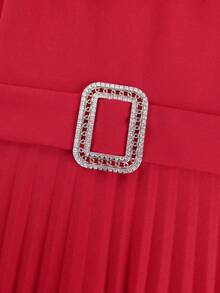 AOMEI Elegante Vestido Maxi Rojo Plisado para Mujer con Cuello Alto, Volantes, Hombros de Malla, Cinturón con Hebilla de Strass, Vestido de Noche Formal para Invitada de Boda y Fiesta - Rojo - Ver 5