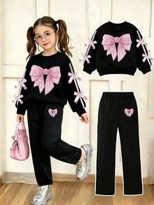 Young Girl Ribbon Bow Decor Round Neck Long Sleeve Top And Long Pants - Black - View 7