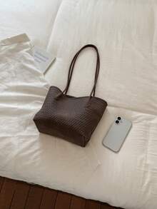 1pc Brown PU Vintage Woven Texture Shoulder Bag, Large Capacity Lightweight Women's Commuter Tote Bag, Suitable For Commuting And Travel - Coffee Brown - View 9