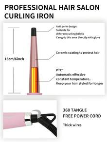 1pc QHDJE Adjustable Temperature Rotating Cord Constant Temperature Hair Styling Curling Iron 25-13mm Cone Barrel With 1 Pair Clips, 1 Pair Gloves Included - Pink - View 13