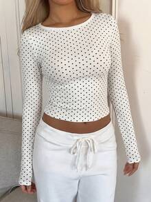 Women's Fitted Thermal Polka Dot Crew Neck Long Sleeve Top, Soft Warm Casual Slim Fit Shirt For Fall Winter, White, Holiday Outfit - White - View 4