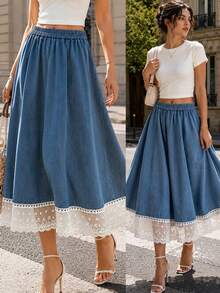LuminousWealth Spring/Summer New Lace Trim Denim Effect Skirt - Blue - View 1
