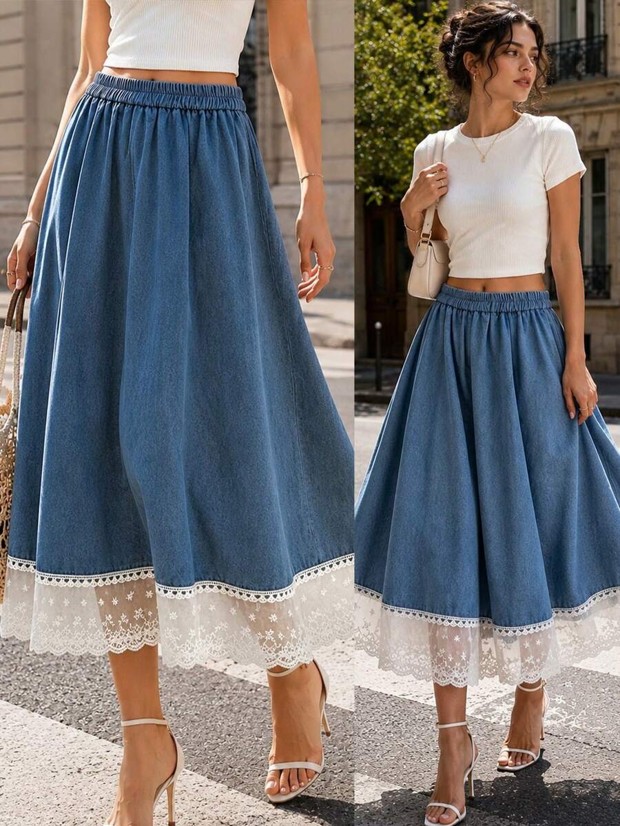 LuminousWealth Spring/Summer New Lace Trim Denim Effect Skirt - Blue - View 1