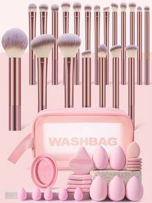 42Pcs Pink Rose Gold All‑In‑One Makeup Tools Set,20Pcs Makeup Brushes,Multi‑Size Makeup Sponges,Triangle & Finger Powder Puffs,Silicone Brush Cleaning Bowl & Pink Transparent Zipper Washbag - Multicolor - View 1