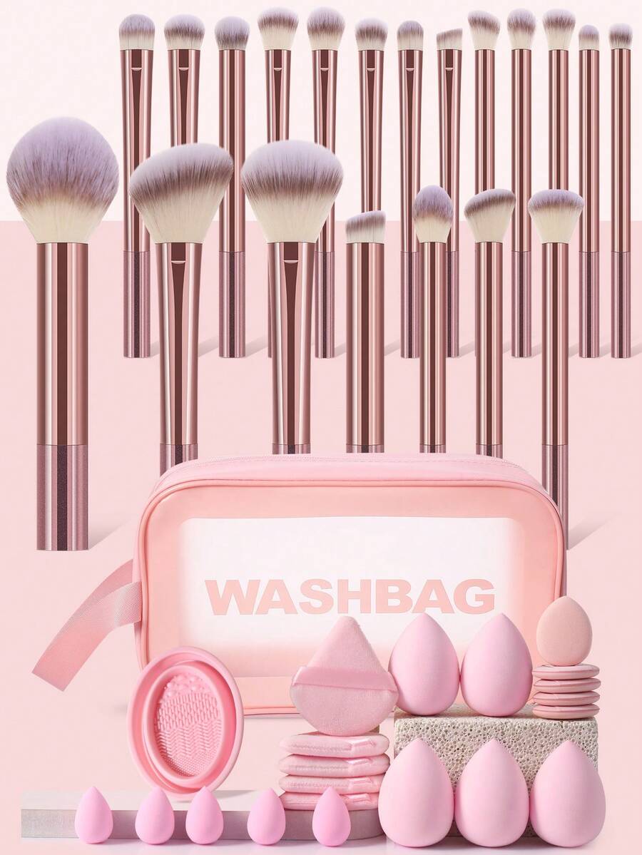 42Pcs Pink Rose Gold All‑In‑One Makeup Tools Set,20Pcs Makeup Brushes,Multi‑Size Makeup Sponges,Triangle & Finger Powder Puffs,Silicone Brush Cleaning Bowl & Pink Transparent Zipper Washbag - Multicolor - View 1