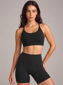 VUTRU 1pc Spaghetti Strap Mesh Patchwork Sports Bra Backless One-Piece Yoga Pilates Fitness Tank Top Black - Black - View 2