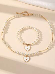 NAIZHU 2件組女款珍珠水晶花朵愛心蝴蝶結吊墜項鍊手鍊套組，奢華甜美仿珍珠珠寶飾品套組，百搭女孩配件 - 白色 - 查看 12