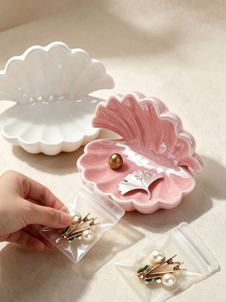 Creative Shell Ornament Paired With A Transparent Jewelry Storage Bag, Exquisite Bedside Ornament, Bedroom Decoration, Small Jewelry Tray, Vanity Display For Quick Organization, Display For Bracelets, Office Desk Storage For Hair Clips And Brooches, Suitable For Women And Collectors, Halloween Party, Christmas, Birthday Gift - Multicolor - View 1