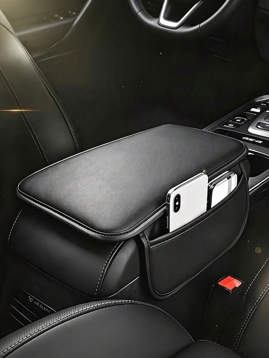 Almohadilla para apoyabrazos de consola central de coche negro, extra ancha & gruesa de cuero, alfombrilla de caja de almacenamiento, bolsa de almacenamiento universal multifunción para coche - A - Ver 1