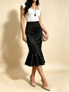 Women's Office/Commute Polka Dot Mermaid Pencil Skirt, High Waist Knee-Length Bodycon Skirt, Suitable For All Seasons Vacation - Black - View 4