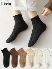 6 Pairs Women's Wood Frill Trim Socks, Spring/Autumn Mid-Calf Solid Color Short Socks, Stacked Socks, Seamless White Socks, Soft Comfortable Fashion Sweet, Suitable For Home, Outings, Sports, Various Occasions - Multicolor - View 5
