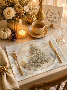 Christmas Table Runner, Throw Pillow, Placemat, Vintage Oval Frame Gold Christmas Tree Gift Box Snow Scene Print, Kitchen Dining Room Holiday Tabletop Decor - Multicolor - View 5