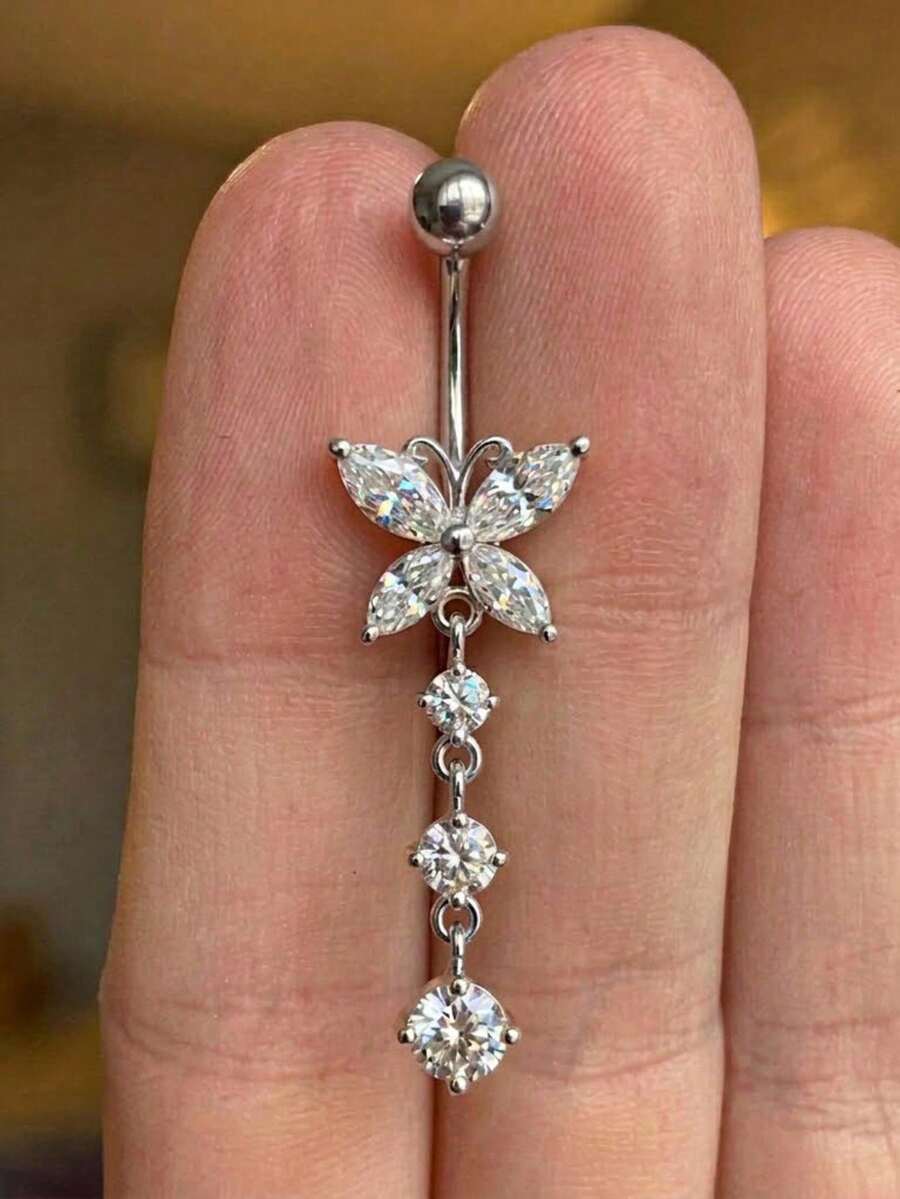 5pcs Elegant Multi-Style Rhinestone Belly Button Rings, Suitable For Daily Wear And Summer Beach Body Piercing Jewelry, Exquisite Sparkling Piercing Jewelry Set - Silver - View 1
